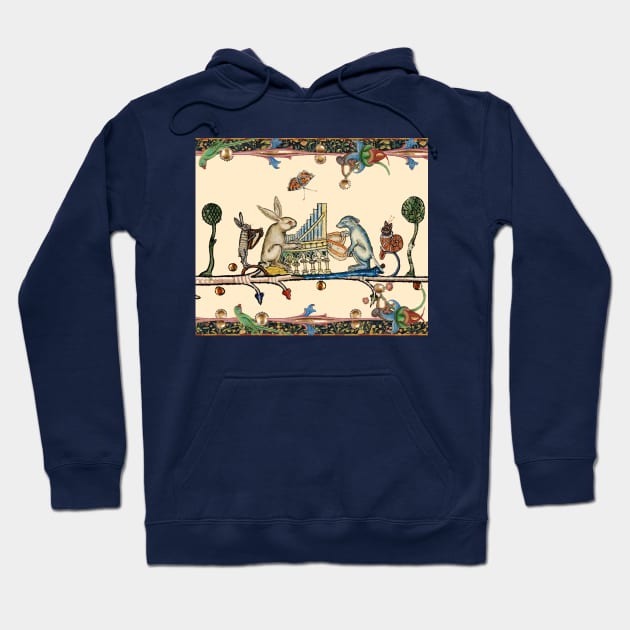 WEIRD MEDIEVAL BESTIARY MAKING MUSIC,White Rabbit And Dog Playing Organ, Harpist Hare, Snail Cat Hoodie by BulganLumini